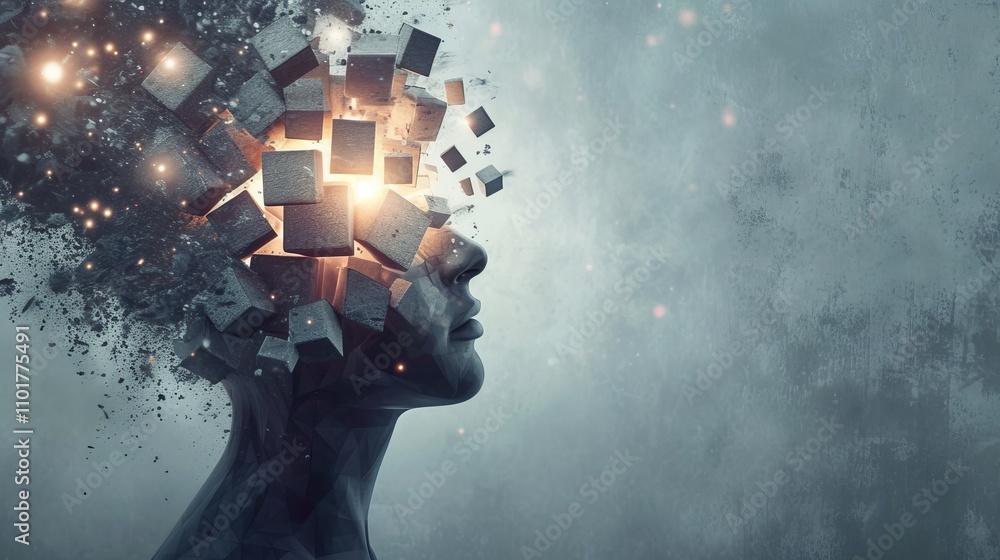 Poster a dark, moody 3d render of a head disintegrating into dark cubes, with a glowing light at its center