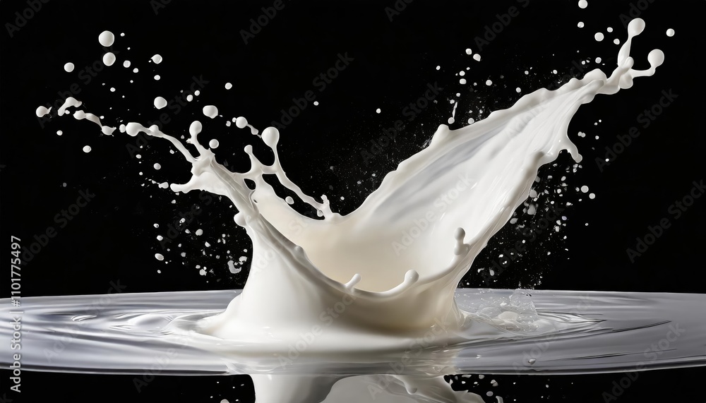 Poster dynamic white milk wave splash with splatters and drops, perfectly isolated cutout image on transpar