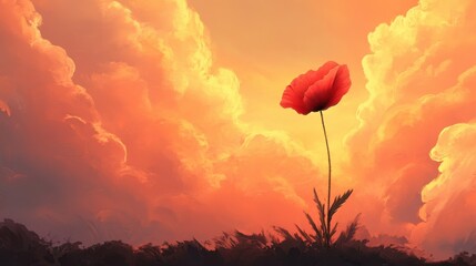 Obraz premium Lone red poppy standing tall against a fiery sunset sky, symbolizing beauty and resilience.