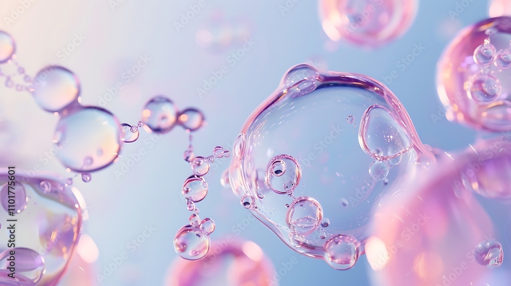 Poster a close-up view of colorful bubbles floating in a soft, gradient background, creating a dreamy and e