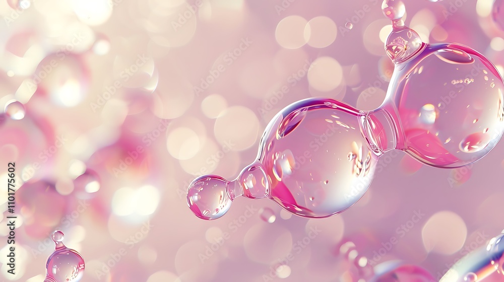 Poster a close-up of translucent bubbles with a soft pink background, creating a dreamy and ethereal atmosp