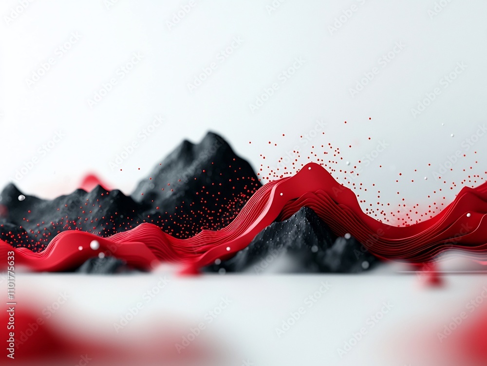Poster mesmerizing undulating wave of red dots and lines across mountainous 3d terrain on clean white backd