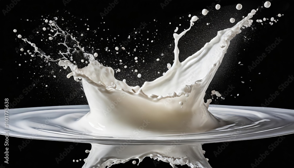 Poster high-quality image of a dynamic white milk wave splash with realistic splatters and drops, isolated 