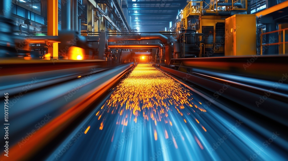 Poster sparks flying in a high-tech manufacturing facility with motion blur representing speed and efficien