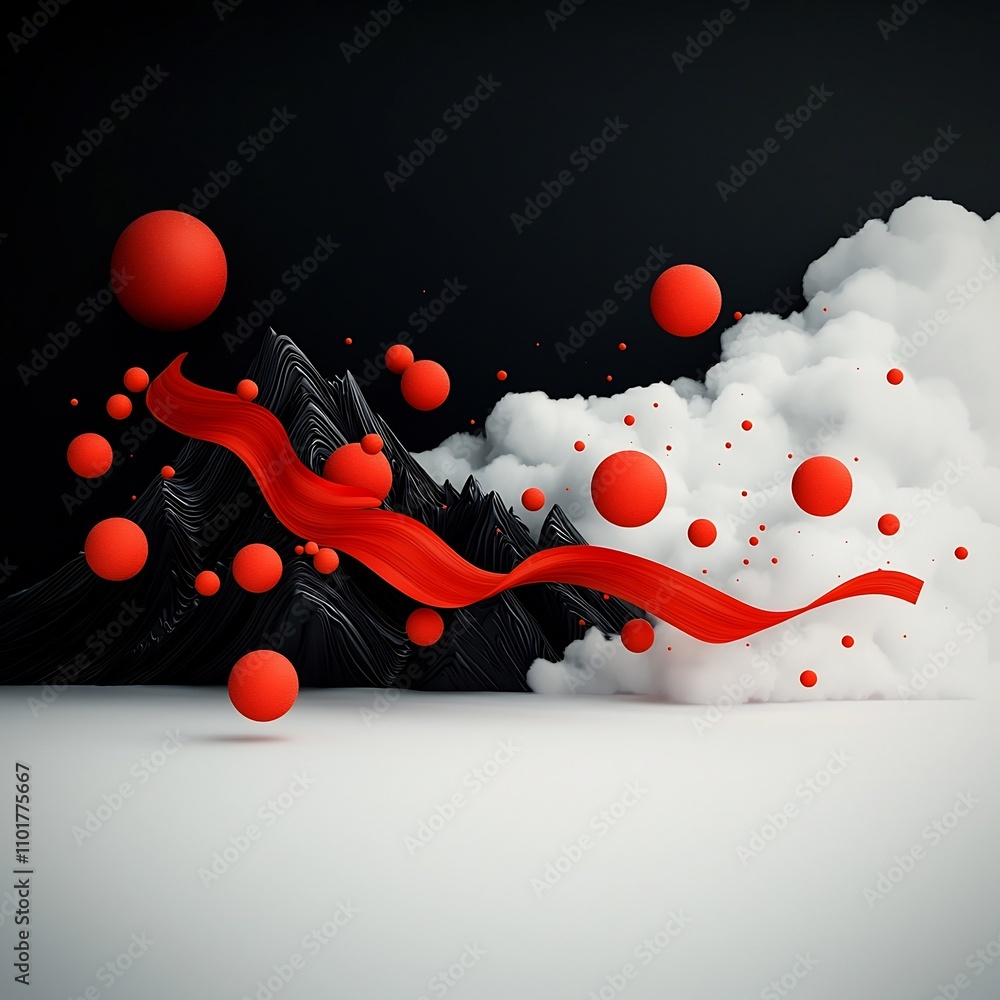 Poster enigmatic black expanse with kinetic red spheres and ribbons generating a mesmerizing abstract mount