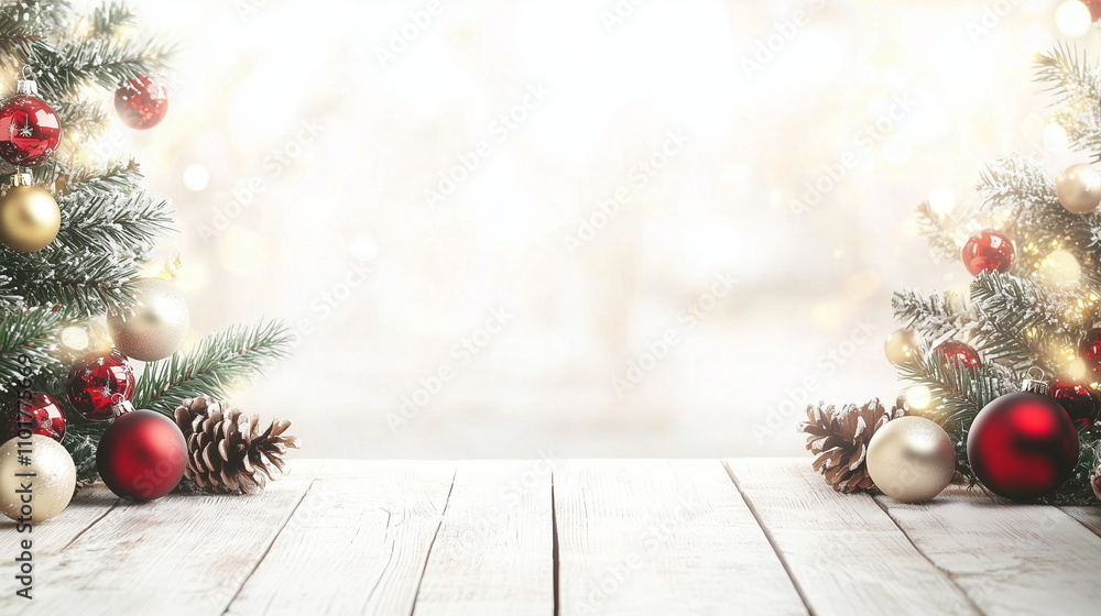 Poster festive christmas background with a wooden table and decorations against a bokeh light backdrop. ide
