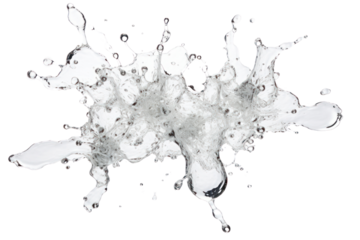 A burst of water droplets in mid-air, frozen in time as they scatter outward from a central point, isolated on white background