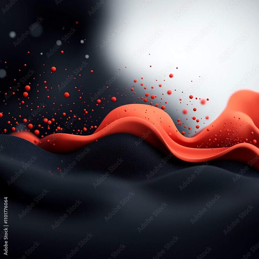 Poster captivating minimalist abstract landscape of undulating red waves and dots on dark backdrop 3d visua