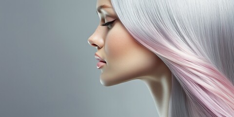 Naklejka premium Close-up of a woman's face in profile, with very long, straight, grayish-silver hair with subtle pink highlights. The background is gray, and the lighting is professional, indicating a studio setting.