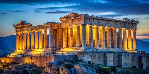 Stunning Low Light Photography of the Ancient Parthenon Illuminated at Dusk, Showcasing Greece's Rich Historical Heritage and Architectural Marvels Against a Twilight Sky