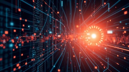 Fototapeta premium Laser beam cutting through digital cyberspace with glowing neon lights, virtual, abstract, data