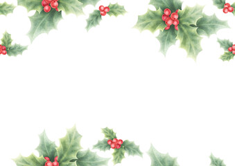 Christmas card horizontal template with holly red berries and green leaves. Hand drawn watercolor isolated illustration with empty space for text, A4, A5. For New year festive card and banners.