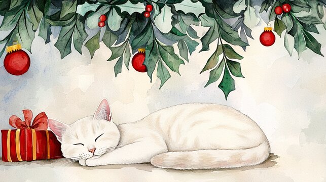 Cozy Christmas and mistletoe for relaxation concept. A sleeping white cat under festive greenery and ornaments.