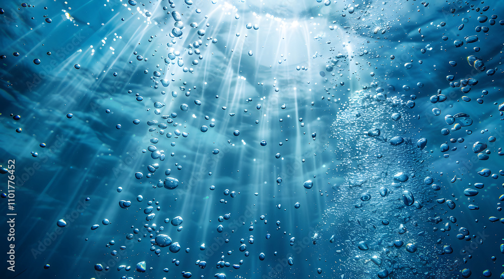 Poster underwater scene with light rays and bubbles creating a serene atmosphere.