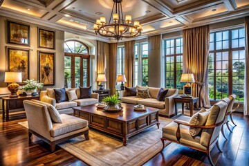 Fototapeta premium Stunning Portrait Photography of a Spacious Room Interior Featuring Elegant Furnishings, Natural Lighting, and Artistic Decor Ideal for Home Design and Interior Decoration Projects