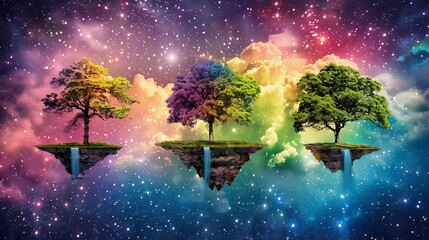 Surreal landscape featuring floating islands and cascading waterfalls against a colorful starry sky