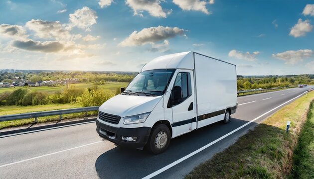 High-speed white delivery van transporting small cargo on a busy motorway heading toward the city, symbolizing efficient courier services and rapid shipment logistics in modern urban