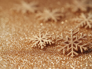 Holiday Merry Christmas, Happy New Year. yellow background golden Christmas snowflakes close up