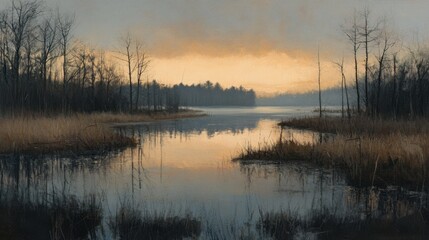 Moody wetland scene with still waters reflecting trees and a pastel-colored sky at dusk.