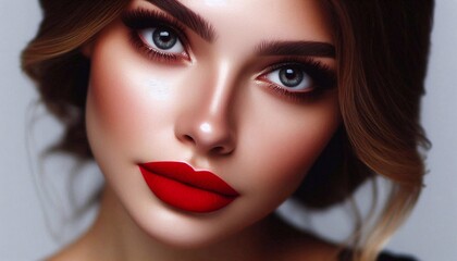 Fototapeta premium Portrait of a woman with expressive eyes close-up, straight angle, with bright red lipstick on her lips
