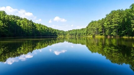 Serene Mirrored Reflections Across a Tranquil Forest Lake