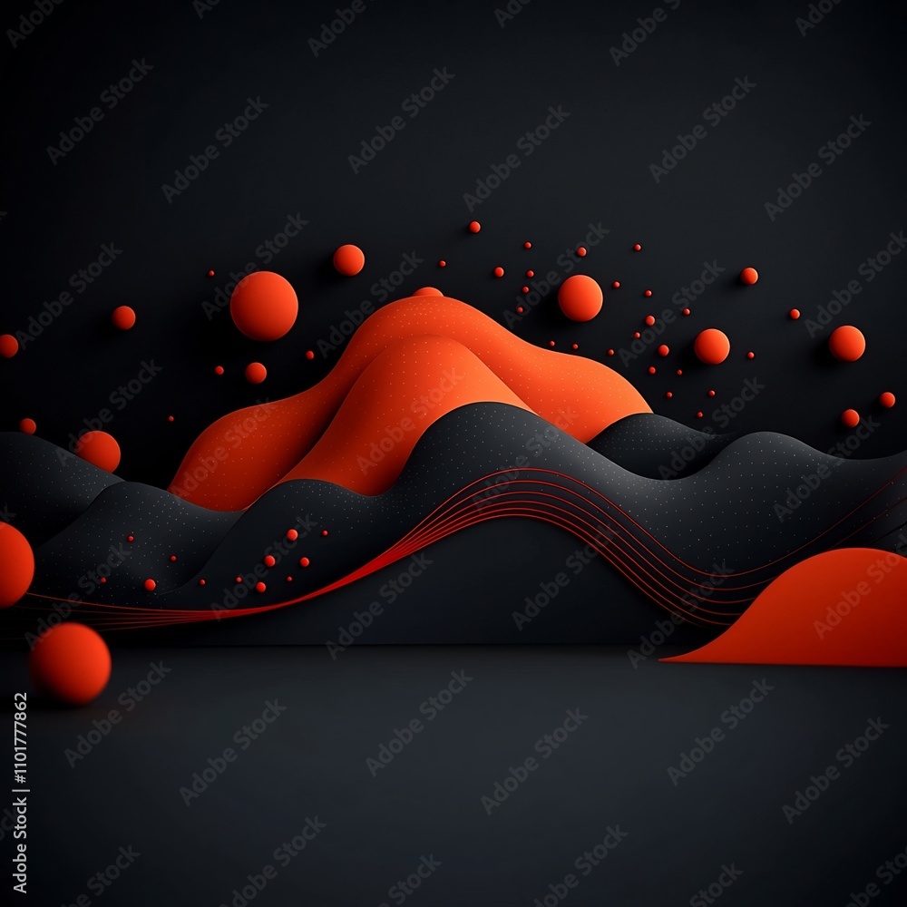 Poster mesmerizing abstract 3d cgi landscape with undulating red lines and vibrant dots against a dramatic 
