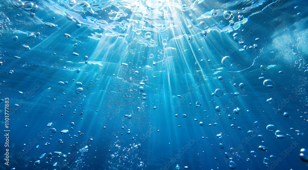 Aufkleber underwater scene with sunlight rays and bubbles creating a serene aquatic atmosphere.