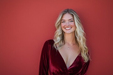 Fototapeta premium Red dress babe laughing against red wall