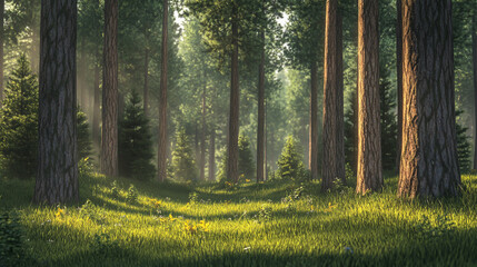 the dense forest, sunlight shines through the tall trees and illuminates the green grass on the ground.