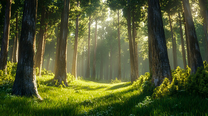 the dense forest, sunlight shines through the tall trees and illuminates the green grass on the ground.