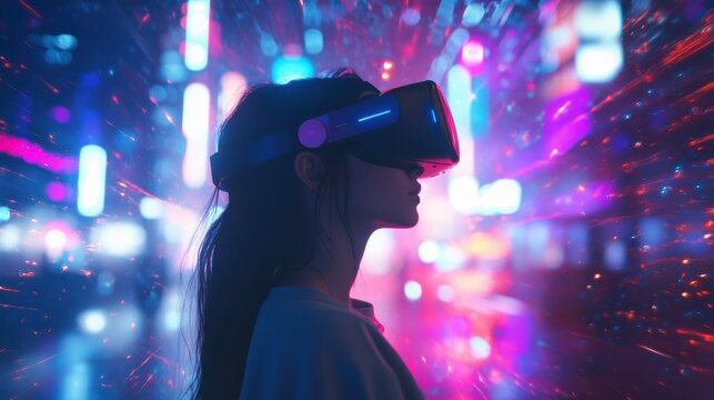 Young Woman Explores Immersive Virtual Reality With Holograms and Vibrant Neon Lights. Generative AI