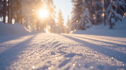 Snowy mountain ski trails with sunlit icy patches