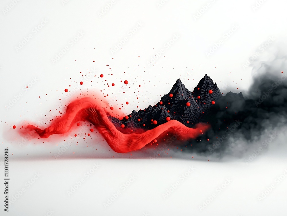 Poster captivating dark abstract landscape with dynamic flow of red dots and lines 3d visualization with cl