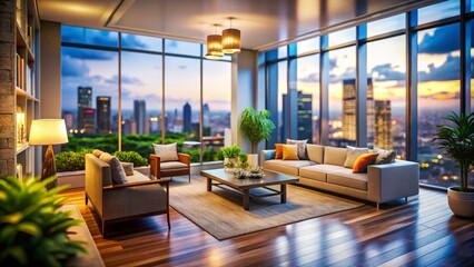 Stylish Modern Living Room with Expansive City View Featuring Contemporary Decor, Cozy Furnishings, and Strategic Tilt-Shift Photography Effect for a Unique Perspective