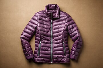 Stylish Purple Women's Fashion Down Jacket - Padded Coat with Zip Fastener Isolated on Brown Background for Winter Clothing Composition and Flat Lay Photography