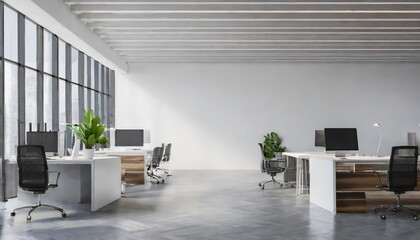 Modern white open space office interior featuring minimalistic design, clean blank wall, large windows, and a professional layout ideal for workspaces, creativity, or branding displays.
