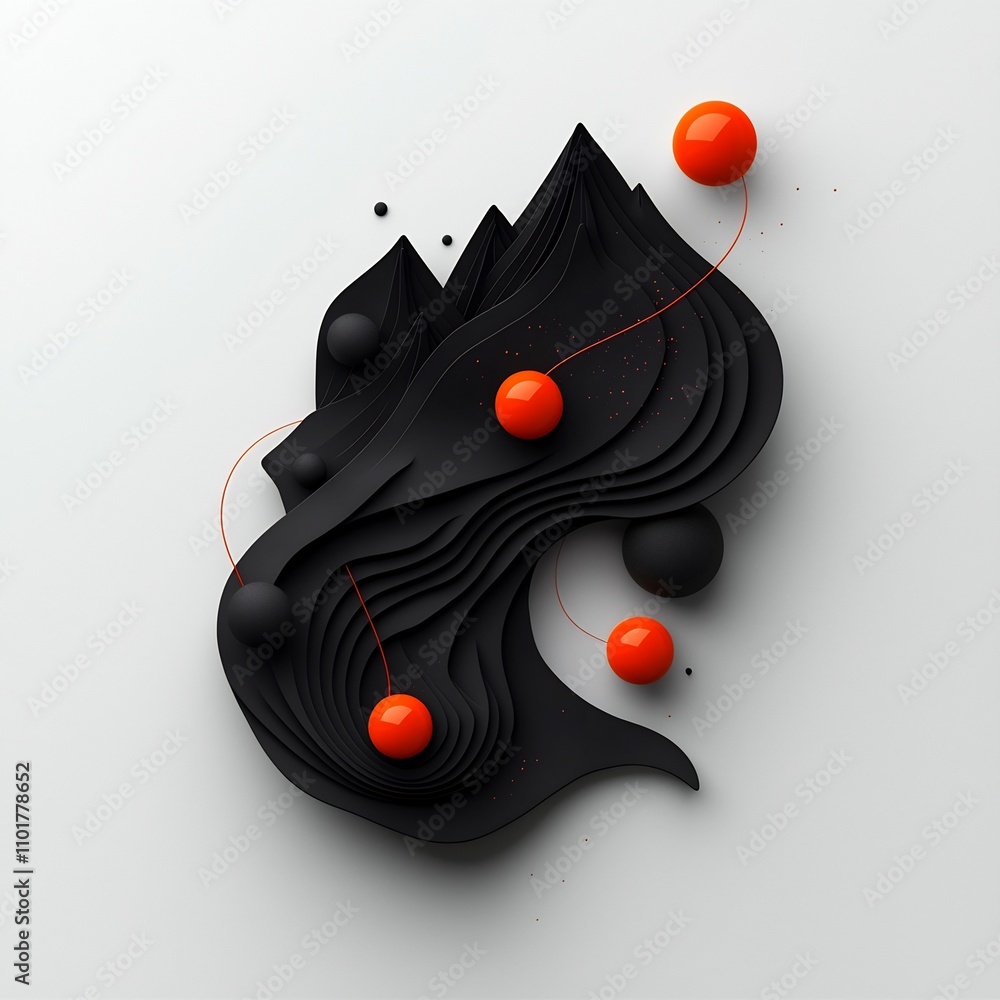 Poster surreal 3d digital art depicting a dark shadowy mountainous void with pulsing red orbs and flowing a