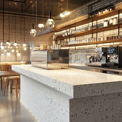 Empty clean white terrazzo top island table counter in commercial, digital cash register, professional bakery kitchen, stainless steel convection, deck oven, refrigerator, cabinet for background 3D