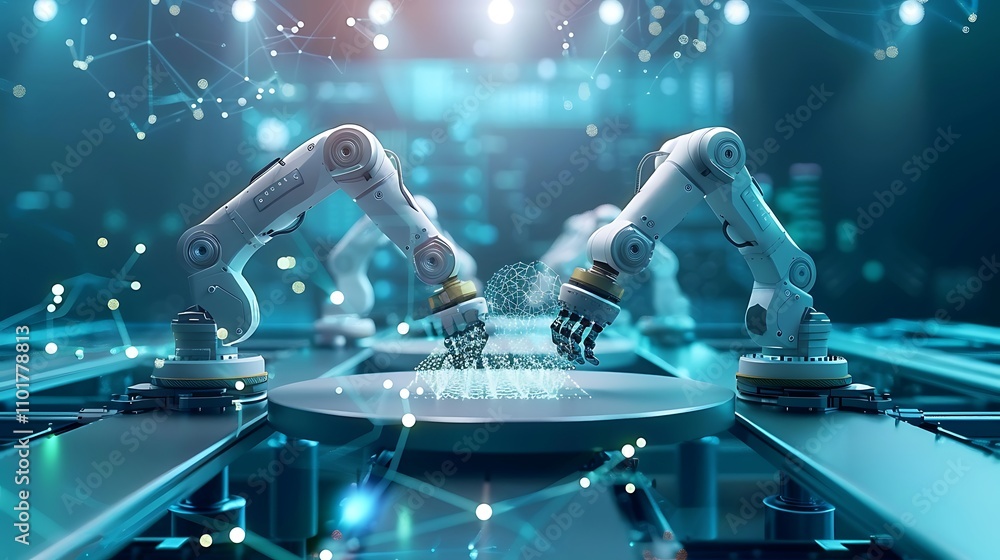 Poster a futuristic scene featuring robotic arms assembling or manipulating data on a platform in a high-te