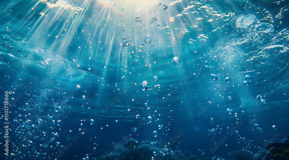 Poster underwater scene with sunlight rays and bubbles creating a serene atmosphere.