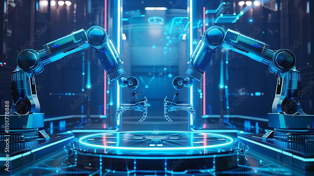 Poster a futuristic scene featuring robotic arms in a high-tech environment, emphasizing automation and inn