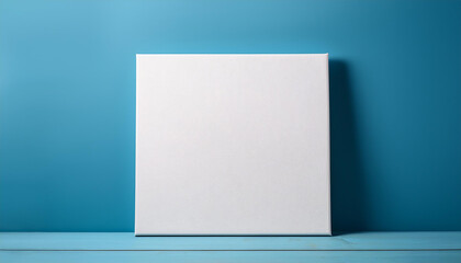 Fototapeta premium White square canvas mock-up standing against soft blue background. Blank poster. Natural lighting.
