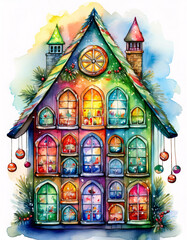 Naklejka premium A whimsical, colorful house with a snow-covered roof and twinkling lights