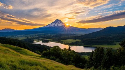 Fototapeta premium Majestic Mountain Landscape Under Dramatic Sunset Sky
