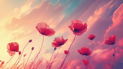 Fototapeta premium Red poppy flowers swaying gently against a vivid sunset sky, their petals glowing in warm light.