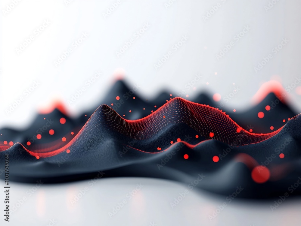 Poster mesmerizing undulating wave of red dots and lines across mountainous 3d terrain on clean white backd
