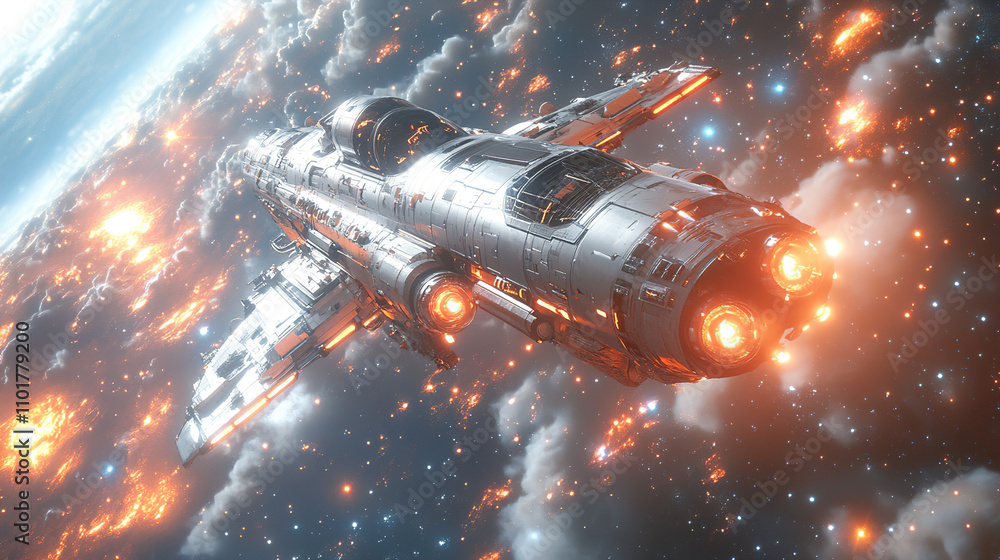 Poster spaceship navigating through a vibrant and dynamic cosmic landscape filled with glowing stars and co