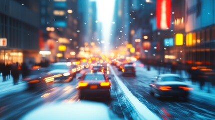 Obraz premium Snowy urban street scene with blurred vehicles and sunlight reflection