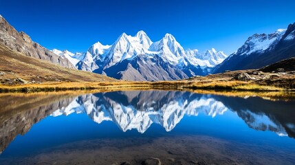 Majestic Snow-Capped Peaks Reflected in Serene Alpine Lake