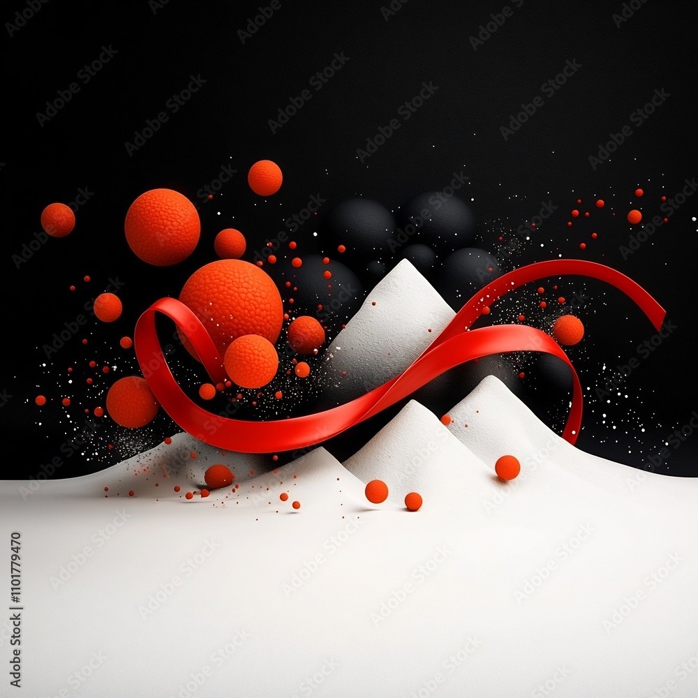 Poster mesmerizing monochrome mountain landscape with a dynamic display of kinetic red spheres and ribbons 